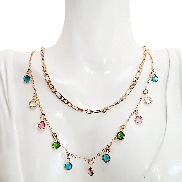 Gold layered necklace Boho colorful rhinestones Dainty Charm festival 💖2/$30 - Picture 1 of 15